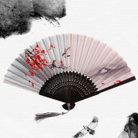 【CW】Chinese Silk Folding Fan Wooden Shank Classical Dance Fan พู่คุณภาพสูง Elegent Female Fan Home Decoration Gift