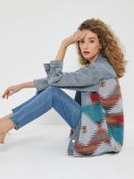 ZZOOI ZAFUL Ethnic Aztec Printed Denim Panel Loose Jacket Women Wide Waisted Button Up Jean Coat Spring Fall Outwear Casual Top Female