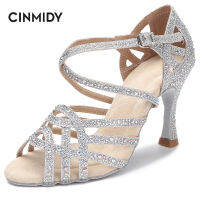 CINMIDY รองเท้าเต้นรำแบบละตินส้นคิวบา Salsa บอลรูมเต้นรำส้นเงิน Rhinestone รองเท้าแต่งงานผู้หญิง Party Performance Shoes