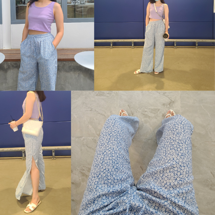 sieun-brand-si008-กางเกงขายาวลายดอก-กางเกงไปคาเฟ่-ผ้าคอตตอนเกาหลี-กางเกงผ่าข้าง-กางเกงขายาวผู้หญิง