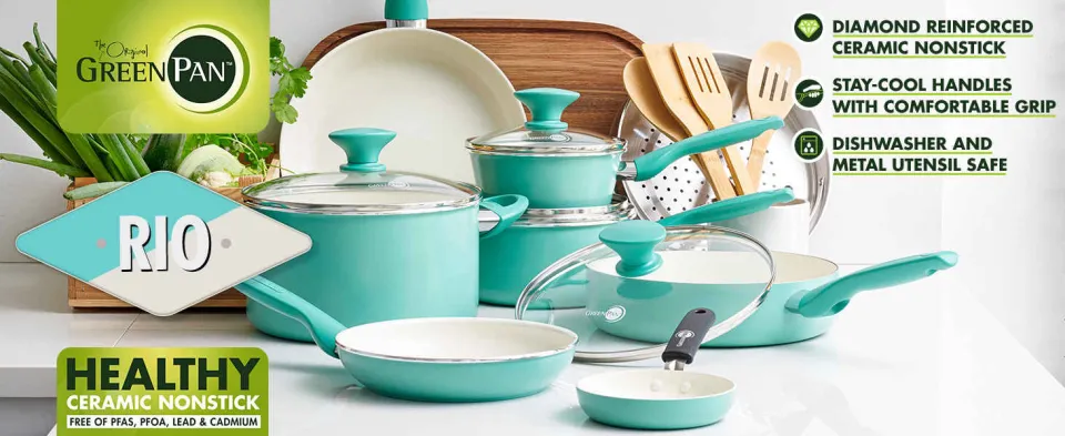 Rio Ceramic Nonstick 16-Piece Cookware Set, Turquoise