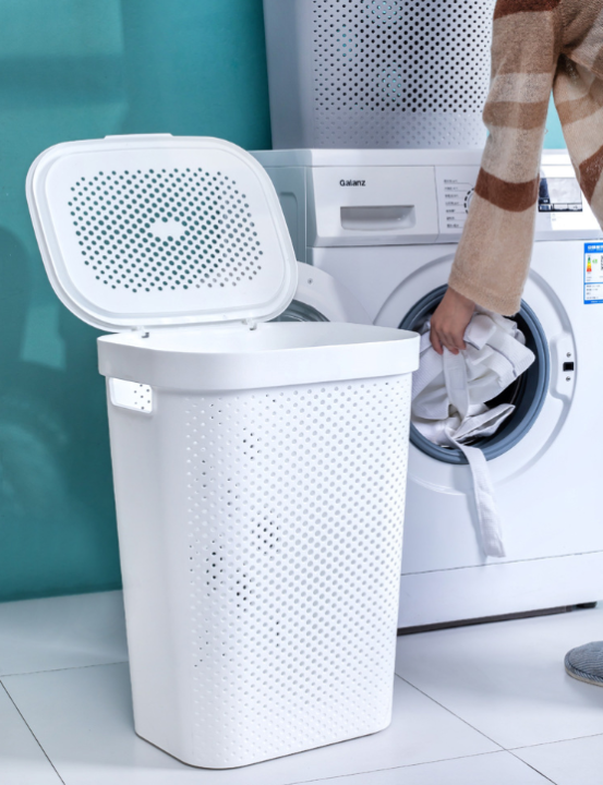 Large Plastic Laundry Basket With Cover 45/60L Bedroom Bathroom Clothes