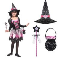 witch costume kids for girls long tulle Dress Up halloween toddler girl tutu set baby girl accessories Carnival Bag Hat wizard