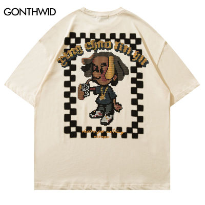 Men Hip Hop เสื้อยืด Streetwear Y2K Harajuku การ์ตูนพิกเซลพิมพ์ Punk Gothic แขนสั้น Tshirt ฤดูร้อนแฟชั่นฝ้ายหลวม Tee
