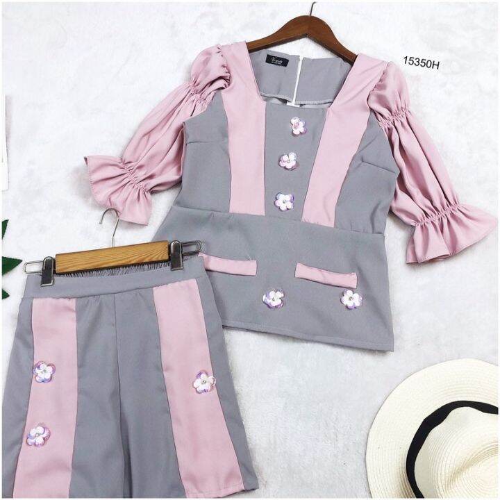 tw15350-set-2-ชิ้น-เสื้อแขนพองแต่งสลับสี-กางเกงขาสั้น