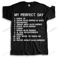 Top Tees Mens Luxury Crew คอเสื้อยืดยี่ห้อสีดำ Teeshirt My Perfect Day Alfa Romeo ผ้าฝ้ายคุณภาพสูง Tee-เสื้อชาย