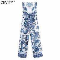 Zevity Women Vintage Totem Floral Print Strapless Wide Leg Jumpsuits Chic Female Sexy Backless Zipper Bow Sashes Rompers P1113