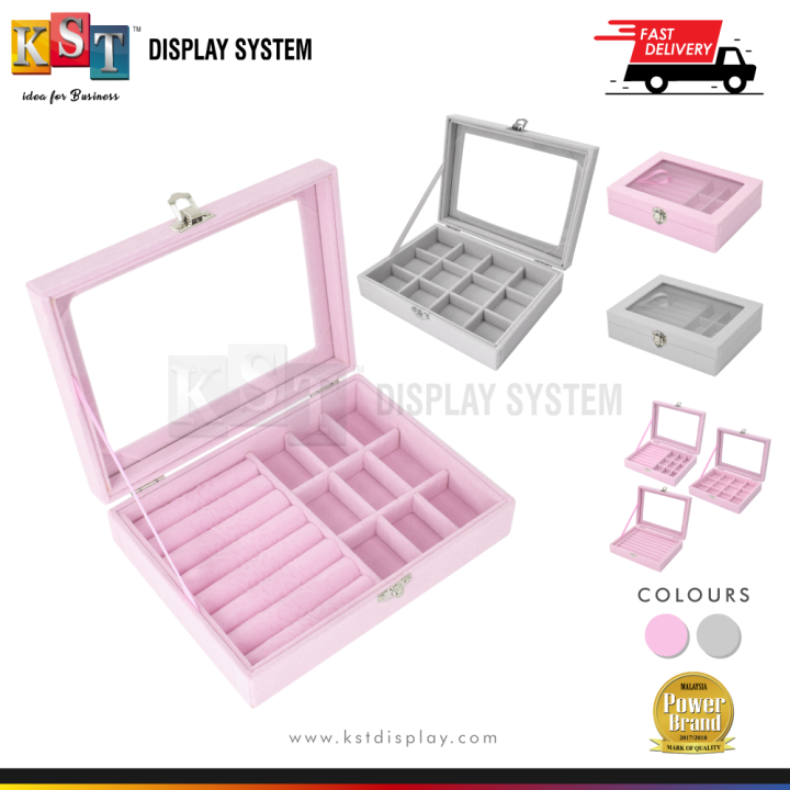 Glass Lid Velvet Tray Jewellery and Ring Display Organizer Tray