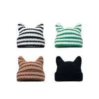 【YD】 Beanie Hat Ins Little Striped Knitted Wool Cap and Ears Pointed Pullover Womens