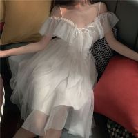 Bella philosophy 2021 mesh ruffles slash neck off shoulder lace up Women summer korean white dress Women spaghetti strap dresses