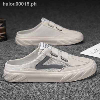 □ Hot sale✌Men s shoes summer breathable thin canvas shoes Baotou half slippers men s white shoes trend wild one-footed Lai Ren shoes