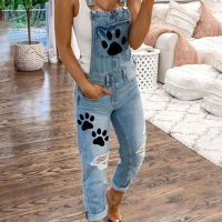 Ripped Jeans For Women Sale Ladies Denim Overalls Printed Washed Ripped Holes Womens Jeans Overalls Apron Denim Trousers