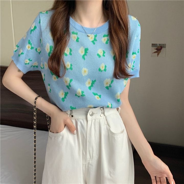 summer-knitted-t-shirt-for-women-flowers-fashion-small-fresh-casual-simple-retro-feme-o-neck-korean-short-top-v728