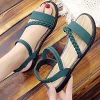 2023 Women Casual Ankle Buckle Sandals Rome Style Shoes Summer Fashion Flock Woven Open Toe Narrow Band Flat Beach Sandals