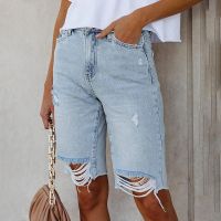 【hot】 2023 New Cycling Denim Shorts Woman Tassel Waist Washed Fashion Hole Five-Point Thin Short Jeans