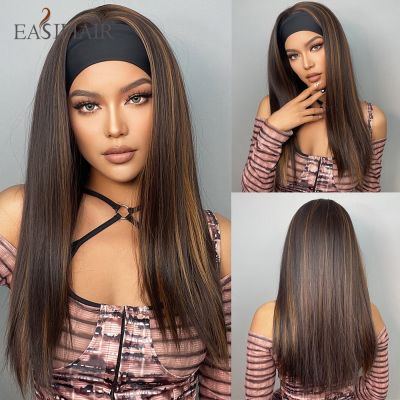 EASIHAIR สีน้ำตาลผสมแถบคาดศีรษะสีทองวิกผมสังเคราะห์ยาวตรงวิกผมคาดศีรษะสำหรับผู้หญิงผิวดำทุกวันคอสเพลย์ทนความร้อน