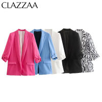 Clazzaa ผู้หญิงแฟชั่น Solid Blazer Vintage Notch Collar แขนยาวกระเป๋าด้านหน้าหญิง Office Lady ชุด Coat