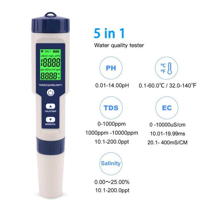 เครื่องทดสอบเครื่องตรวจคุณภาพน้ำดิจิทัล5-in-1-tds-มิเตอร์พีเฮชค่า-ph-tds-ec-เครื่องวัดอุณหภูมิสำหรับสระว่ายน้ำน้ำดื่มเครื่องมือสำหรับพิพิธภัณฑ์สัตว์น้ำ