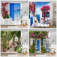 【CW】✕  Greek Town Street View Shower Curtain Doors Windows Wall Hanging Curtains Set With Hooks