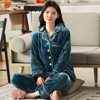 [COD] and winter coral fleece warm thick ladies pajamas cardigan lapel loose large size home two-piece set