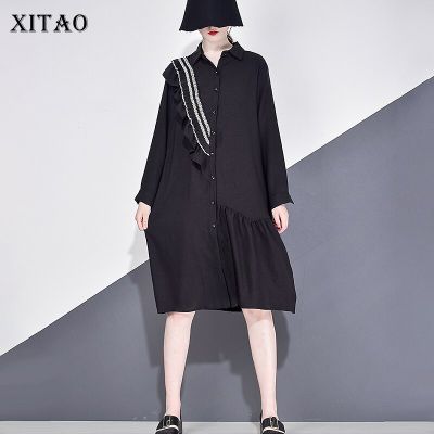 XITAO Dress Striped Patchwork Casual Women Long Sleeve Shirt Dress