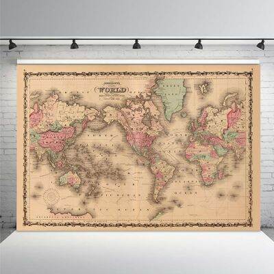 【Worth-Buy】 7x5ft Mercators Projectator Johnsons World Map 1862รูปภาพที่กำหนดเองป้ายแบนเนอร์ไวนิลพื้นหลังภาพแบ็คดร็อป220Cm X 150Cm