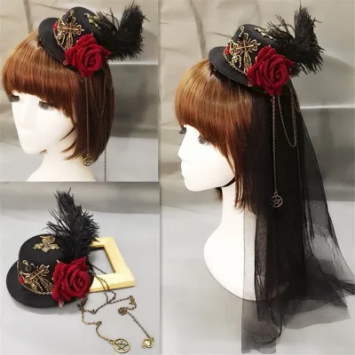 Girls Vintage Steampunk Fedora Hat Lolita Little Hat Mini Top Hat Hair Clip Floral Feather Decoration Headwear Headpiece Cosplay