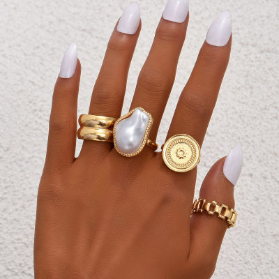 ชุดแหวนมุกสีทองวินเทจสำหรับผู้หญิงเครื่องประดับอัญมณีทรงเรขาคณิต4ชิ้น/เซ็ต