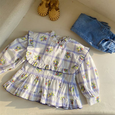 deer jonmi 2022 Spring Baby Girls Plaid Printed Blouses Ruffles Collar Korean Style Tops Toddlers Kids Cotton Shirts