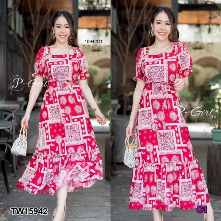 Garden Clothes ชุดเดรส แม็กซี่เดรสคอเหลี่ยมแขนตุ๊กตาผูกชือกเอวพิมลาย