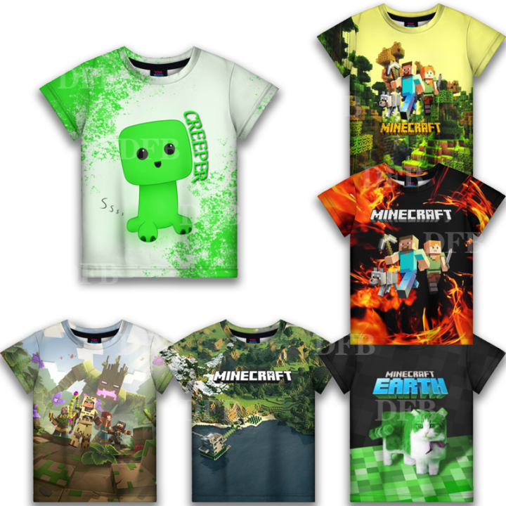 minecraft-2023ใหม่เสื้อพิมพ์ลายอนิเมะสำหรับเด็กเสื้อยืดใส่ได้ทุกวันสำหรับแขนสั้นสบาย