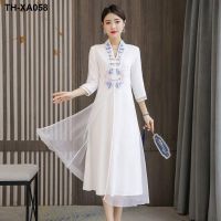 2021 new Hanfu improved dress womens ethnic style retro loose large size embroidery V-neck fake two-piece cheongsam