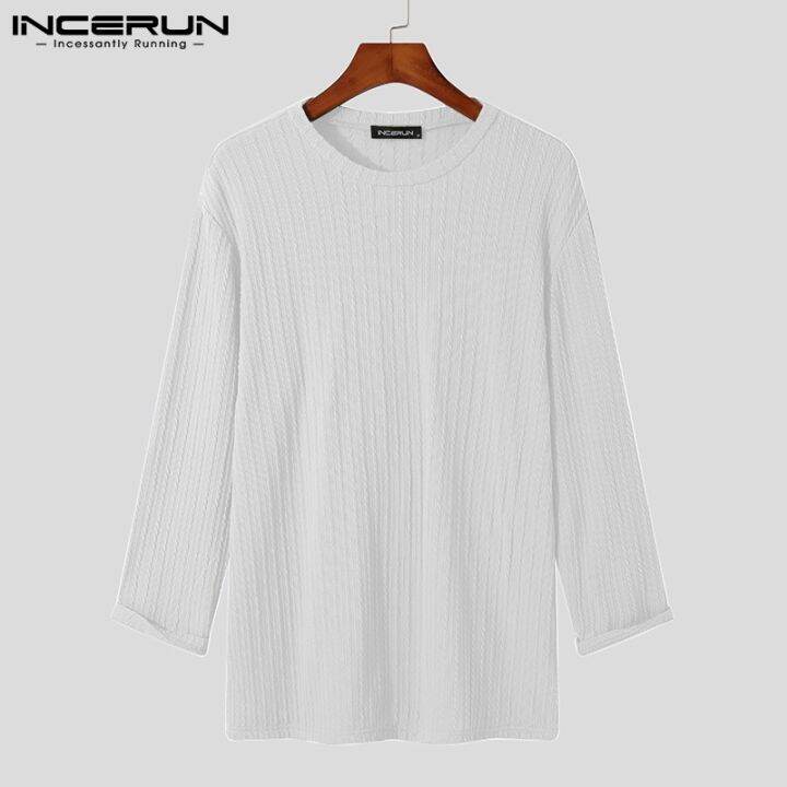 incerun-เสื้อยืดแฟชั่นผู้ชายคอกลมแขนยาวสีพื้น-3สี