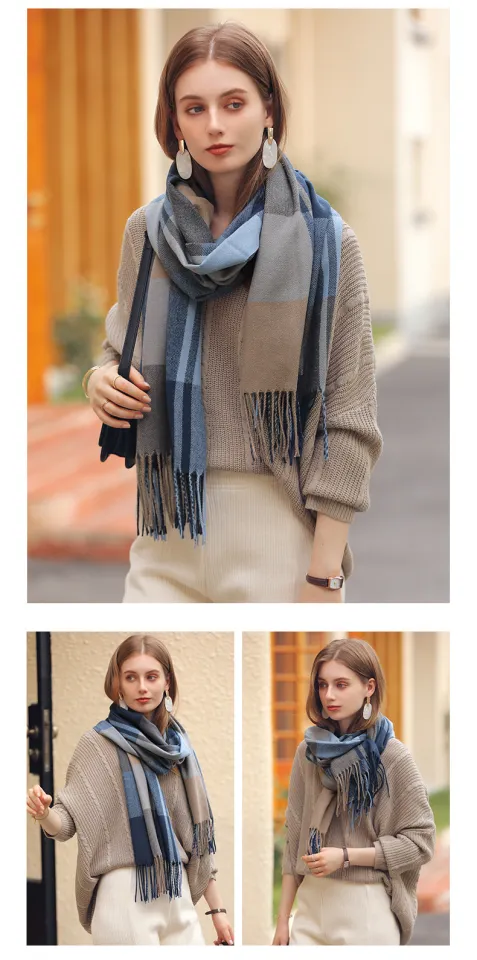 Plaid Scarf Winter Warm Women Long Pashmina Scarves Lady Tassel Shawl  Wraps,Blue