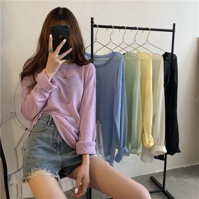 [พร้อมส่ง] เสื้อยืดแขนยาว แบบบาง กันแดด ทรงหลวม สีขาว แฟชั่นบอททอม สําหรับผู้หญิง QC7311707