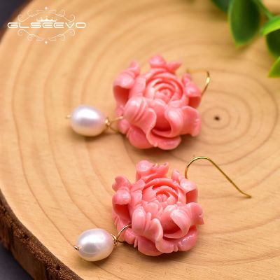 GLSEEVO Handmade Pink Coral Flower Drop Ethnic Earrings Natural Fresh Water Pearl Jewelry For Women Girls Party Plata 925 GE0927