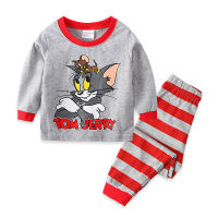 Tom-Jerry ชุดนอนสำหรับเด็กผู้หญิงและผู้ชาย,ชุดเสื้อผ้าทรงหลวมลำลองแขนยาวคอกลมและกางเกงขายาวผ้าฝ้ายสำหรับเด็กใส่ในบ้านสำหรับฤดูใบไม้ผลิ