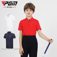 PGM Boys Golf Apparel Short Sleeve Sports T-shirts Children Turn-down Collar Tops Summer Kids Breathable Anti-sweat Shirt