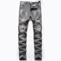 【CW】Mens Jeans Denim Ruined New gray-black Ripped Straight Trousers Fashion Casual Daily Pants Trend Large Size