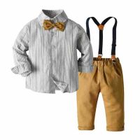 Ins Trend Childrens Autumn and Winter Boys Clothing Set New Small and Medium-sized Boys Striped Shirt Bib Suit for 80-160cm