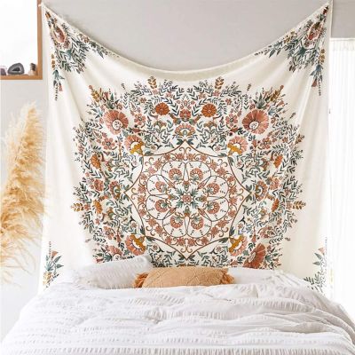 Mandala Flower Tapestry Wall Hanging-Bohemian Hippie White Tapestry Sketched Floral Print Tapestries for Home Bedroom Wall Decor