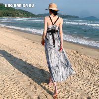 LING GAN KA NU ผู้หญิง One-Piece ชุดฤดูร้อนใหม่เกาหลีรุ่น Beach Dress Seaside Holiday Backless ชุด Suspender ชีฟองยาวกระโปรง