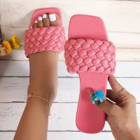 Plus Size Fashion Weaving Flat Slippers Women 2023 Summer Non Slip Beach Flip Flops Woman Designer Soft Sole Square Toe Sandals