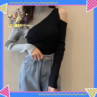 【Fast Delivery ?】Women Long Sleeves Sweater Mock Neck Slim Fit Knitted Shirt Contrast Color Cold Shoulder Sexy Sweater