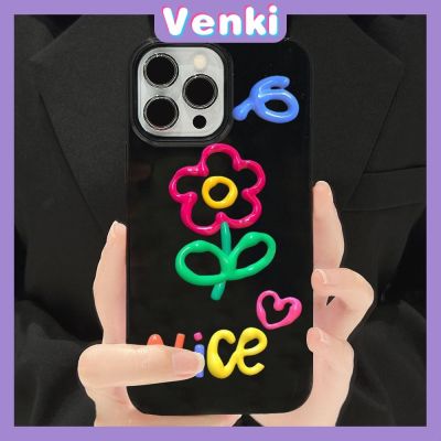 VENKI - เคสไอโฟน11 เคส iPhone Case Soft TPU เคสลูกอมสีดำเงาน่ารักดอกไม้สีสันสดใสป้องกันกล้องกันกระแทกสำหรับ iPhone 14 13 12 11 Pro Max 7 8 Plus X XR