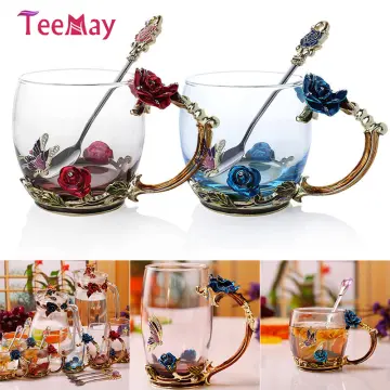 Glass Cup Rose Enamel Crystal Tea Cup, Coffee Mug, Tumbler