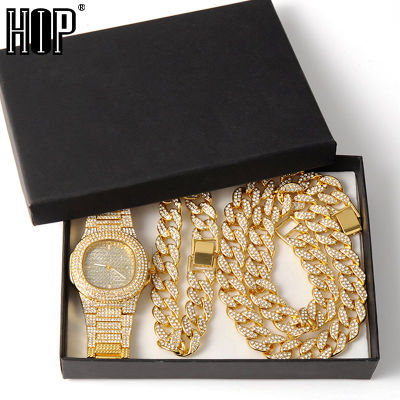 Gold Necklace +Watch+Bracelet Hip Hop Miami Curb Cuban Chain Gold Iced Out Paved Rhinestones CZ Bling For Men Jewelry