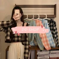 DD SHOPพร้อมส่ง87001+87001-1 เสื้อคลุมไหมพรม+เสื้อกล้ามไหมพรม ลายตารางสีพาสเทล