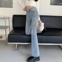 [Ready Stock] Quencen Tangng loe Fat mm Black High Waist Jeans Womens Clothing Plus Size Autumn Winter 2022 New Style Design Sense Straight Micro-Flared Trousers