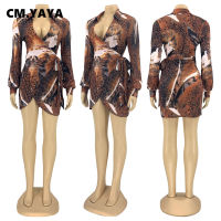 CM.YAYA Women Leopard with Sashes Tie Up Long Sleeve Irregular A-line Dress Elegant Sexy Party Club Night Bodycon Dresses